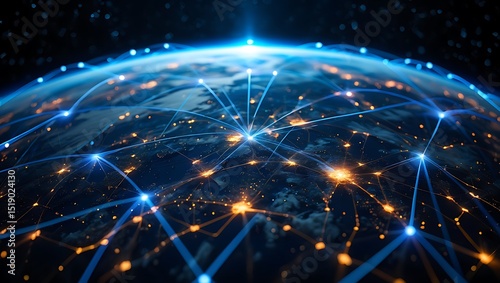 Earth globe with glowing network connections and city lights in a dark space background view from above