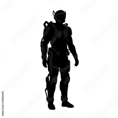 Silhouette of a futuristic soldier standing with advanced armor  