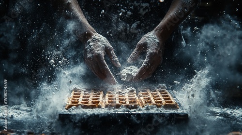 Golden waffles dusted with flour, hands gently placing more flour, creating a dramatic, dark, high-contrast image