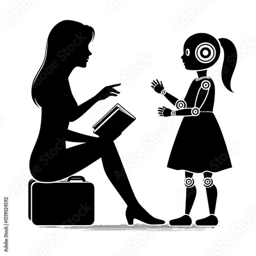 Woman reading to robot girl while sitting on a suitcase at home - Concept of Future Technologies and Innovation  