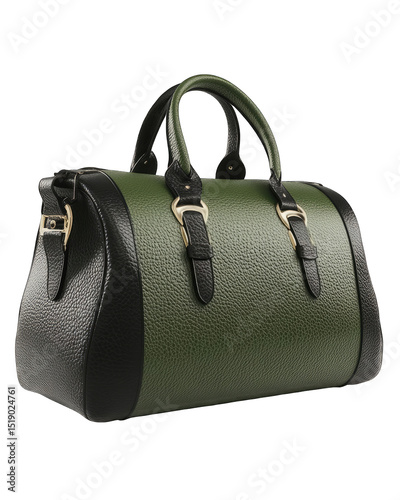 A structured handbag, two-toned in dark green and black leather, features a top handle and two buckle closures
