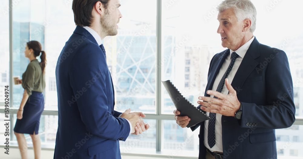 Business, colleagues and men with file, collaboration and financial report for proposal and meeting. Office, ceo and people with paperwork for stock market, investor and discussion for opportunity Business, colleagues and men with file, collaboration and financial report for proposal and meeting. Office, ceo and people with paperwork for stock market, investor and discussion for opportunity