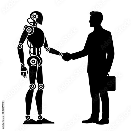 Businessman shaking hands with a robot in silhouette representing innovation