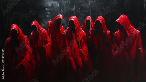 Hooded Red Figures Gathering In Darkness 