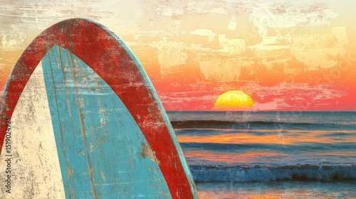 Vintage surfboard at sunset over ocean