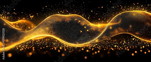 Golden wave-like abstract design with sparkling particles on a black background