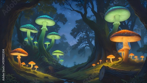 Glowing mushrooms, enchanted forest, fantasy, bioluminescent fungi, whimsical, magical, mystical, night, ethereal, vibrant, surreal, dreamlike, nature, glowing flora, luminous, mysterious, captivating