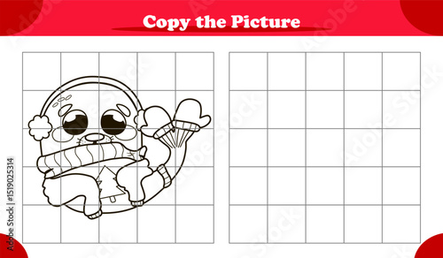 Copy The Image Activity Game For Kids With Cute Walrus In Ugly Christmas Sweater, Cartoon Style