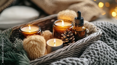 Cozy winter basket with candles and essential oil photo