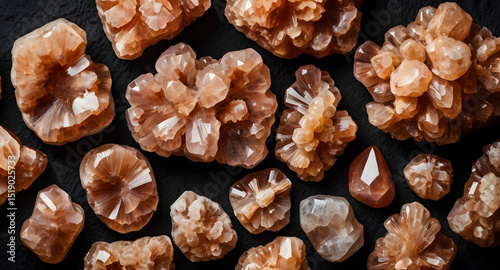 Aragonite brut en morceaux isolé sur fond noir