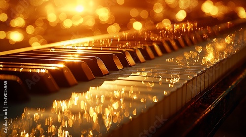 Golden-lit piano keys, sparkling bokeh background.  Musical instrument detail