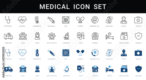 Healthcare set of web icons in line and flat style. Medicine and Health Care  icon collection. Containing treatment, prevention, medical, health,  and more.  stock vector . 