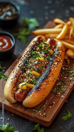 Grilled hot dog in a bun with mustard, herbs, and spices, served with french fries