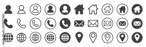 Company Connection business card icon set. Phone, name, website, address, location and mail logo symbol sign pack. Vector illustration image. Isolated on white background. Contact design template.