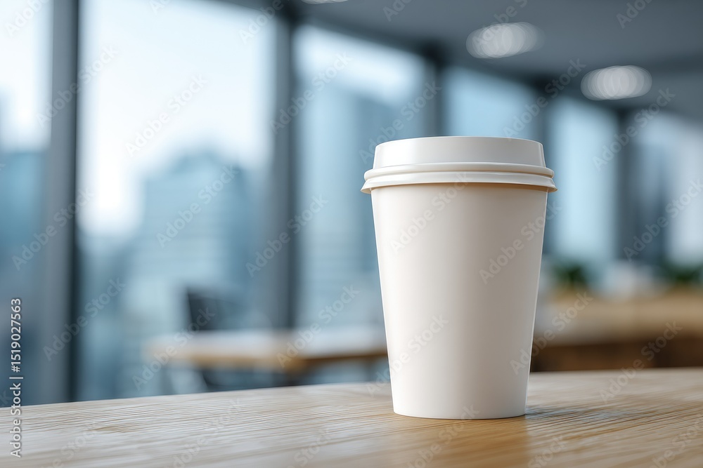A plain white disposable coffee cup sits on a light wood surface against a blurred background of a modern office space with large windows overlooking a city A plain white disposable coffee cup sits on a light wood surface against a blurred background of a modern office space with large windows overlooking a city