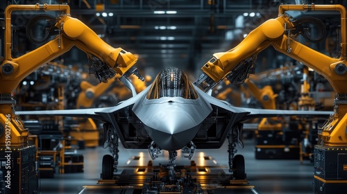 Advanced jet fighter assembly line. Robotic arms work on a futuristic jet