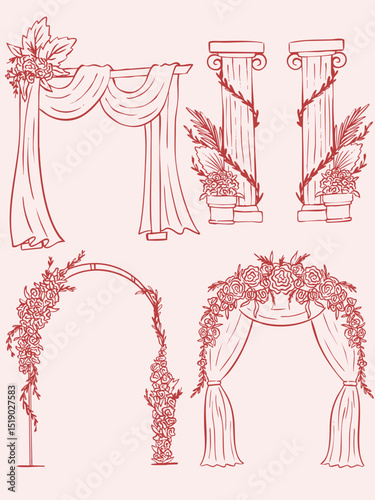 Elegant hand-drawn wedding arches and classic pillars adorned with floral arrangements and flowing drapes, ideal for ceremonial backdrops and event decoration