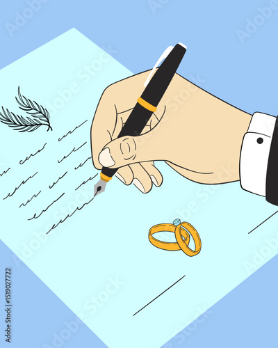 Hand writing on a legal document with a fountain pen, next to a pair of golden wedding rings, symbolizing marriage, commitment, and signing an important agreement or contract