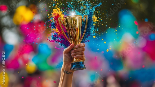Hand holding a gold trophy amidst a vibrant explosion of colorful powder