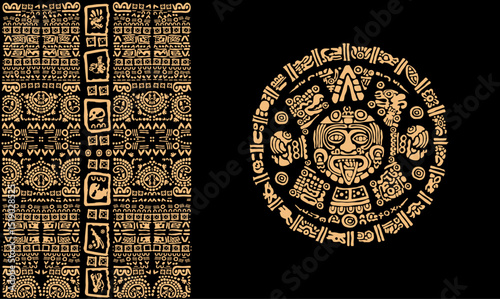 Frame in the style of ancient symbols of the Mayan and Aztec civilizations. Ancient Mayan calendar. Vector illustration on black background
Images of characters of ancient American Indians.