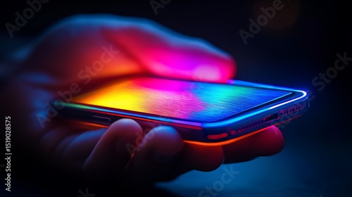 Hand holding a smartphone with vibrant, colorful display.  Illuminated edges