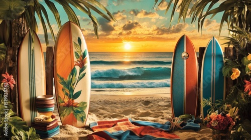 Colorful surfboards on beach at sunset
