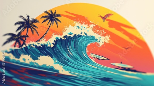Coastal wave graphic with palm trees