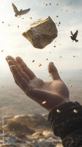 Hand levitates rock, birds fly, mountainous backdrop