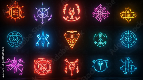 Runic symbols, mystical icons, glowing sigils on a black backdrop, enigmatic neon symbols. Warded Sigils. Illustration