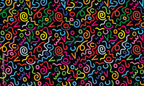 Colorful line doodle seamless pattern with creative hand-drawn lines and basic shapes. Minimalist scribble background for kids, fabric, stationery, wallpaper, playful textile or trendy digital design.