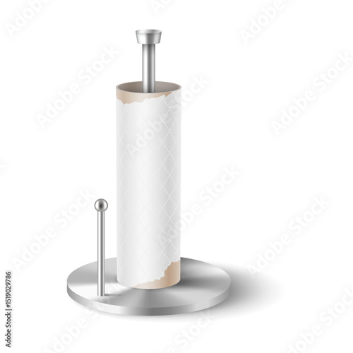 Elegant paper towel holder in realistic style. Features stainless steel finish and simple design. Perfect for kitchens or bathrooms. Isolated on a white background.