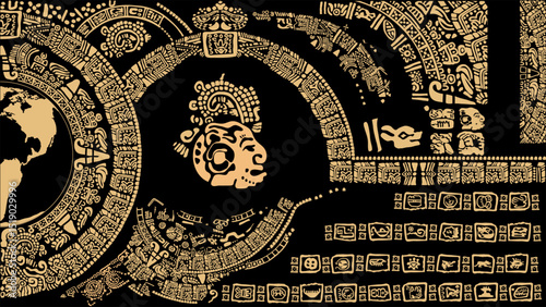 Images of characters of ancient American Indians.The Aztecs, Mayans, Incas.

Fragment of the ancient Mayan calendar. Vector illustration on black background