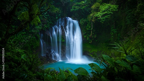 Waterfall cascading into a turquoise pool surrounded by lush green vegetation and dense rainforest trees