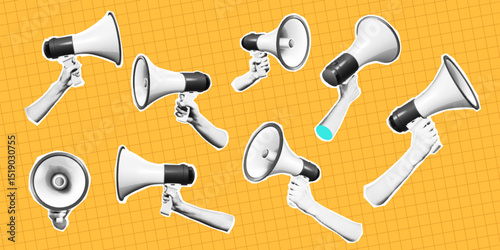 Several megaphones held by hands in a pop art style against an orange grid pattern This design represents communication and marketing in a vibrant manner
