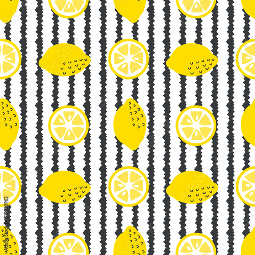 Exotic lemons fruits seamless pattern on abstract striped background. Perfect art print for banner, card, textile, fabric, paper, sale. Hand drawn illustration.