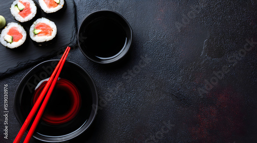 Soy sauce bowl with sushi rolls on slate plates - minimalist Japanese cuisine elegance