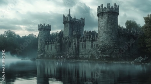 gothic-style castle reflecting in still blue lake, lush forest surrounding, armored knights on foot patrolling the stone wall, atmospheric medieval scene with moody sky, ultra-realistic landscape, 16: