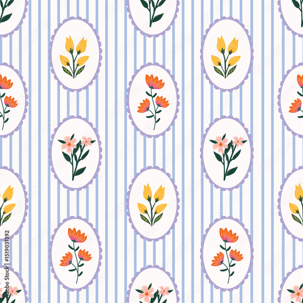 Vector cottagecore floral seamless pattern on pastel blue stripe background. Colorful hand-drawn flowers surface design for fabrics, wallpaper, textile print, gift wrap. home decor.
