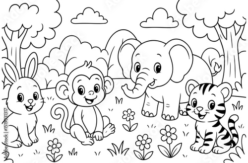 Cute coloring page featuring a bunny, monkey, elephant, and baby tiger playing in a forest. Perfect for preschool and kindergarten kids to enjoy coloring.