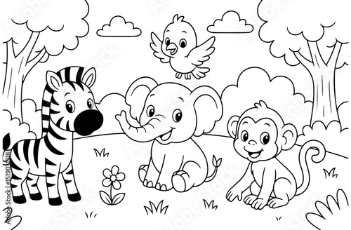 Illustration of a cute zebra, elephant, monkey, and bird in a cheerful forest scene. Perfect for kids’ coloring books, educational materials, and creative art projects.