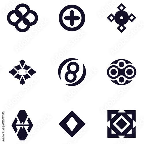 Geometric black and white seamless pattern set of round vector icons for web design