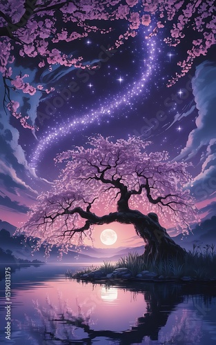 The image depicts a captivating anime moonlit scene with purple sky stars and gentle cloud motion, evoking a serene and deep night atmosphere.