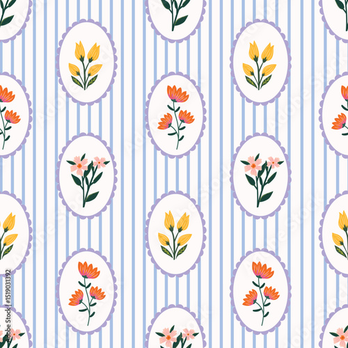 Vector cottagecore floral seamless pattern on pastel blue stripe background. Colorful hand-drawn flowers surface design for fabrics, wallpaper, textile print, gift wrap. home decor.