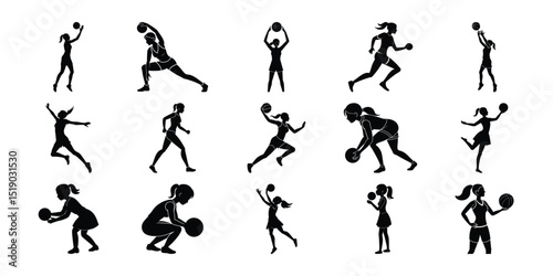 Vector images of female basketball silhouettes.