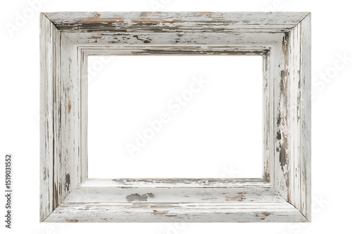 Distressed White Wooden Picture Frame with Rustic Charm  isolated on transparent background	 photo