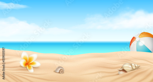 Digital illustration of a tranquil beach scene with a vibrant flower, shells, and a beach ball. Soft sand, blue sky, and ocean create a peaceful summer backdrop.