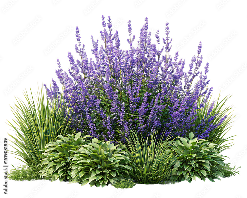 Fototapeta premium Lush Purple Flower and Green Foliage Garden Arrangement, PNG