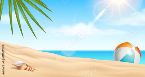 Illustration of tropical beach. Bright colors. Features shell on sand, colorful beach ball, palm leaves with blue ocean backdrop. Ideal for vacation themes.