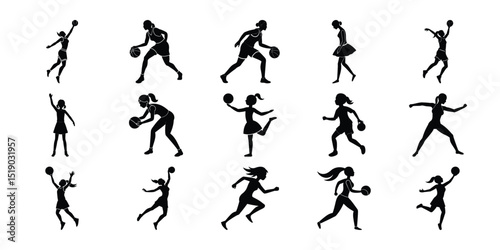 Vector images of female basketball silhouettes.