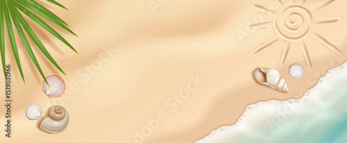 Illustration of a sandy beach with seashells and a sun drawing. Soft cream and green tones. Perfect for tropical themes and summer vacation designs.